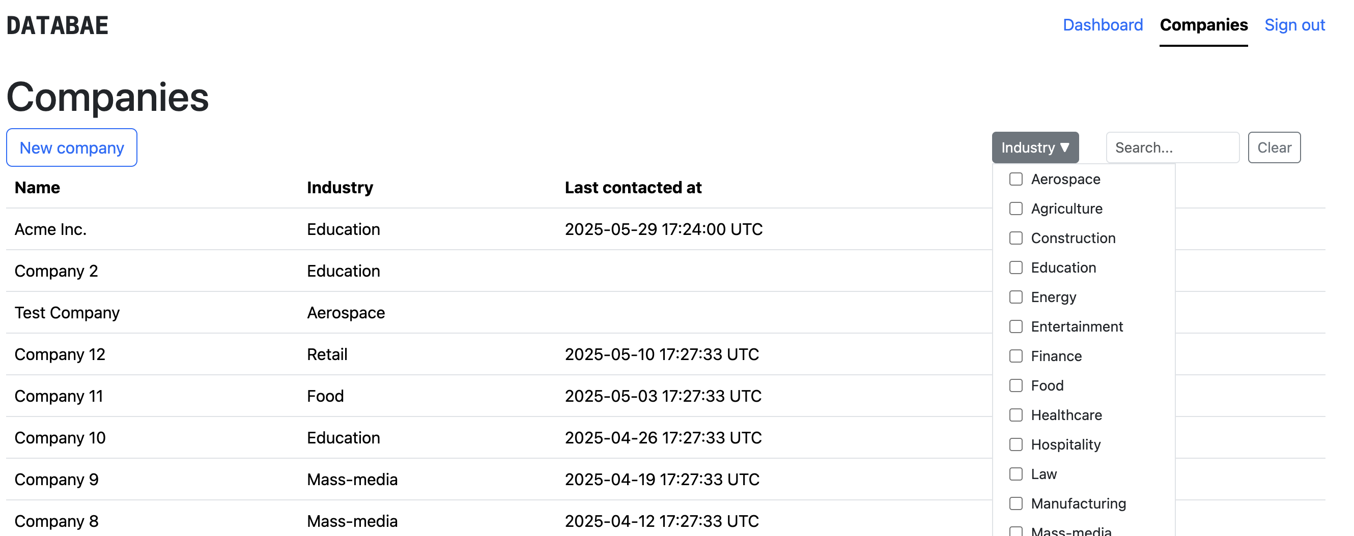 The dashboard page